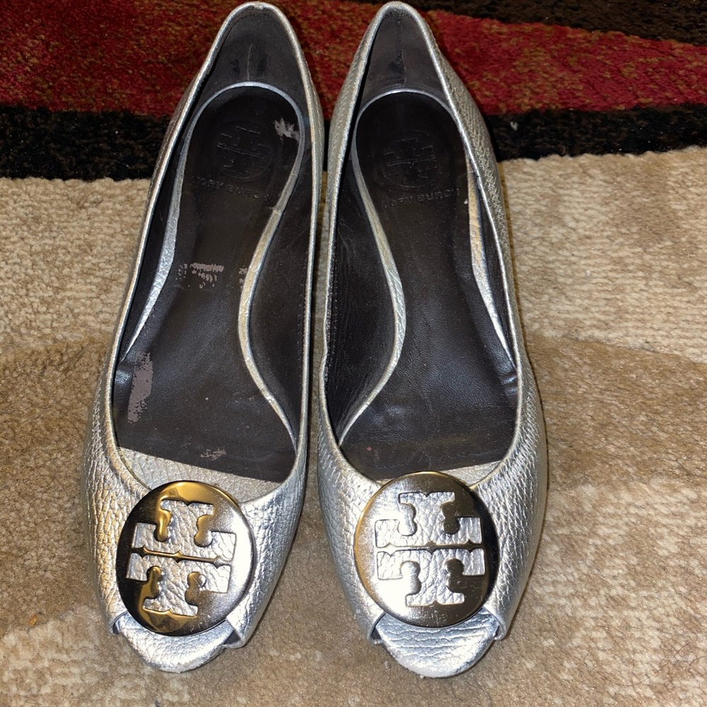 Silver Tory Burch peep toe wedge